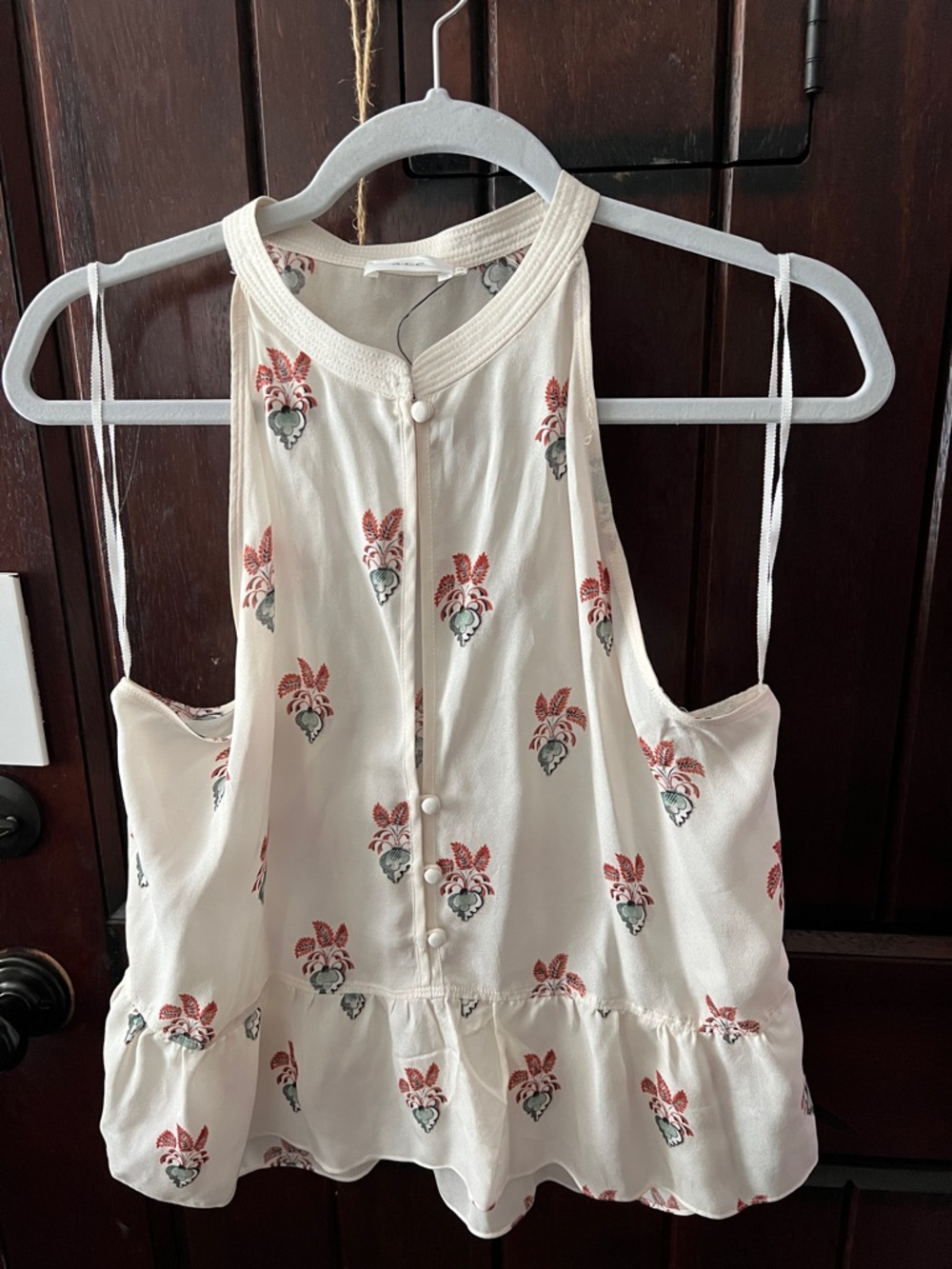 A.L.C. Silk Cream Sleeveless Floral Button-Front Ruffle Hem Tank blouse top
